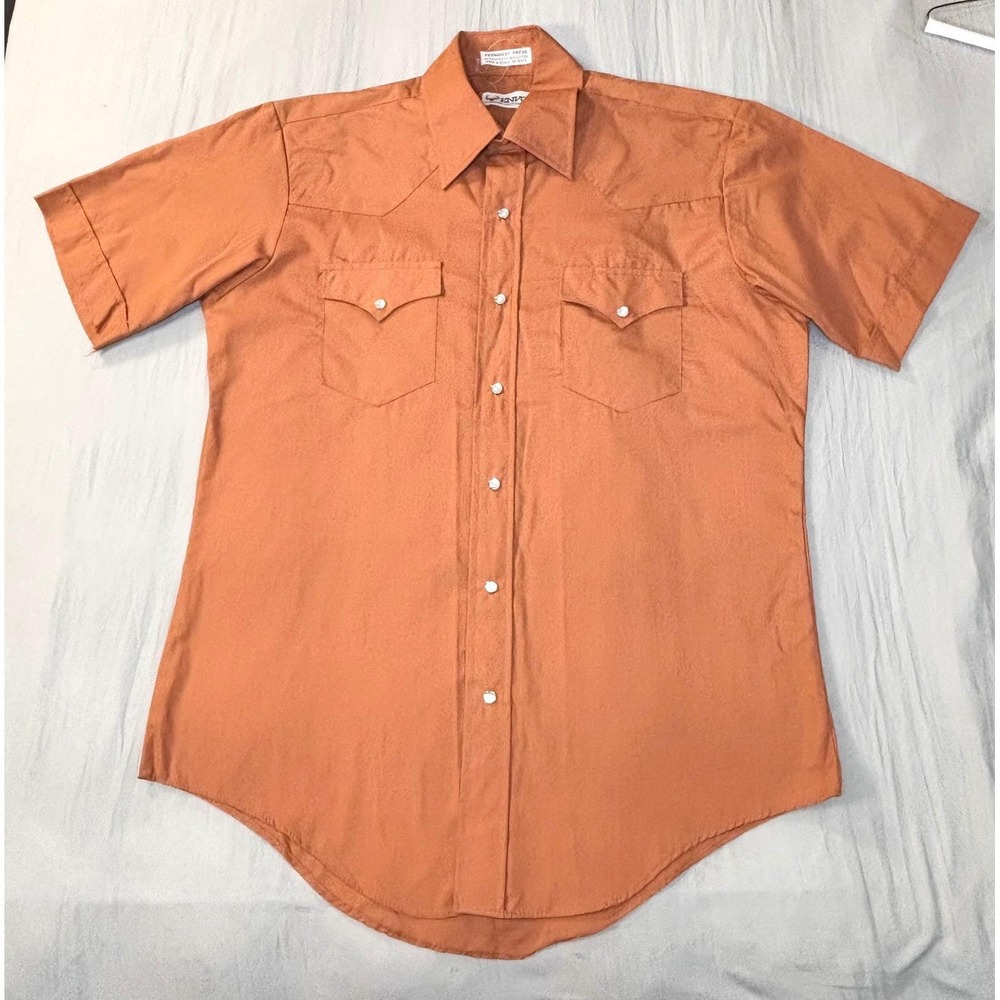 Vintage 80s Envoy western shirt Mens medium Burnt Orange Pearl Snap Short Sleeve